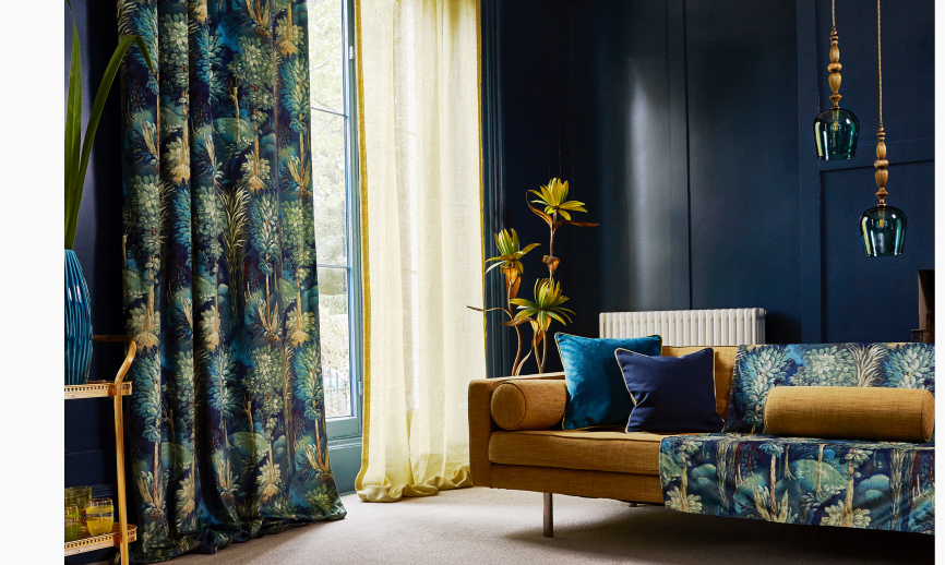Blue and yellow curtains in a lounge area